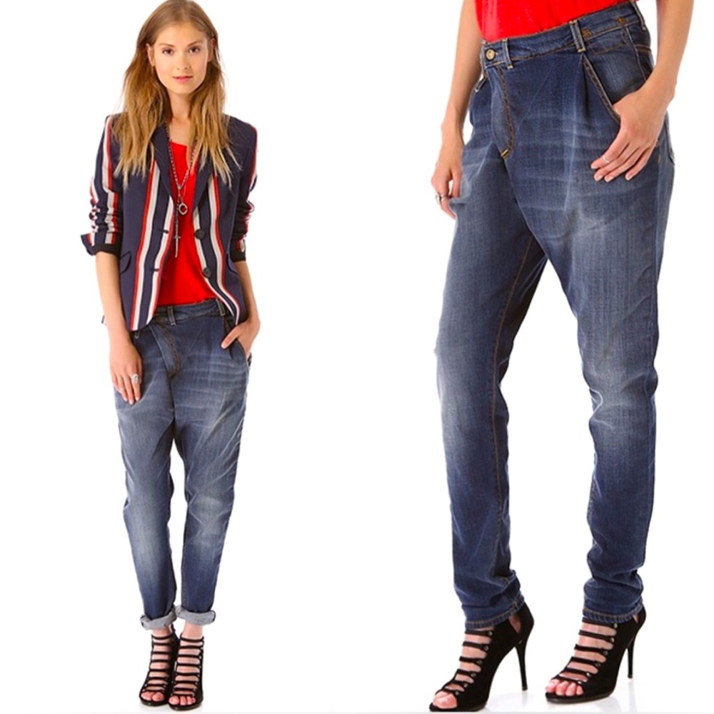 R13 x-over cross over pleated asymmetrical low rise jeans. Size 27